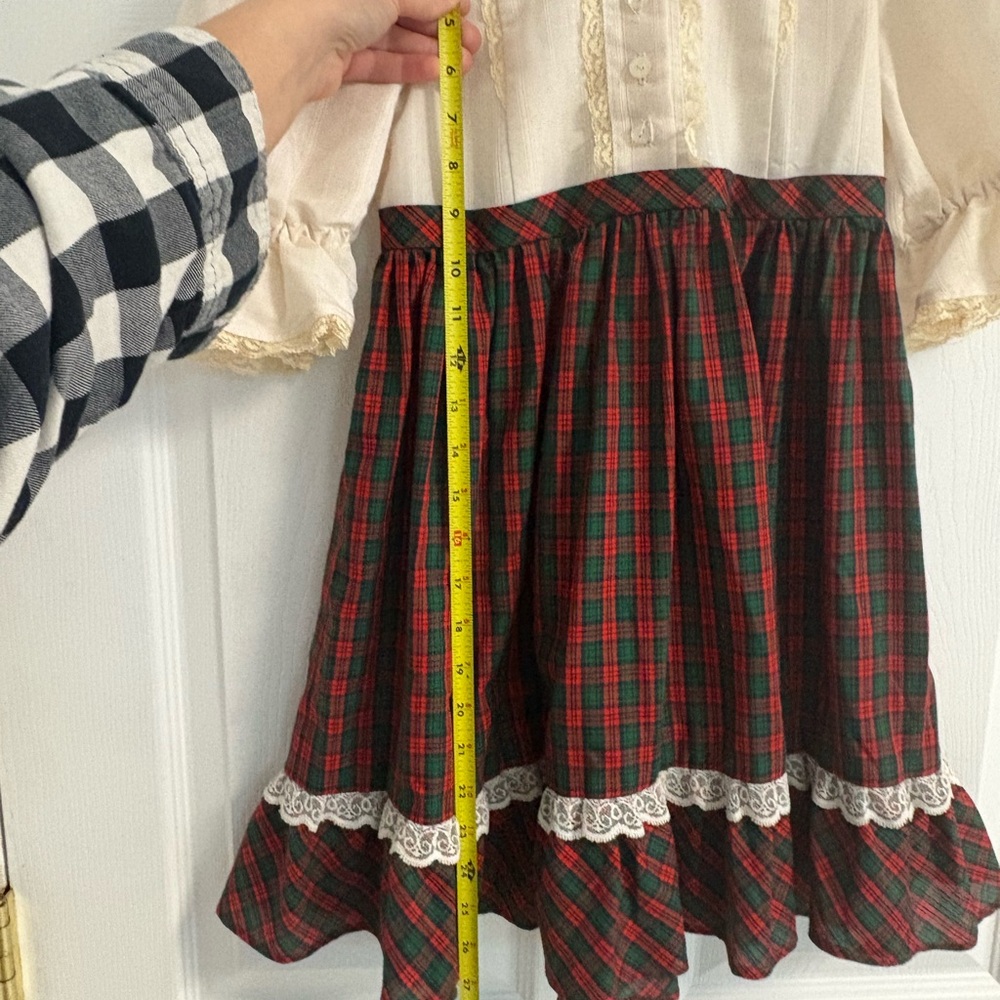 Handmade Vintage Cottage Core Girls Red Green Plaid Christmas Dress - Picture 9 of 11